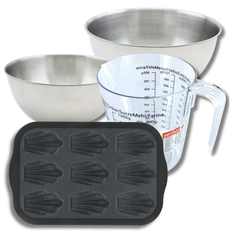 Set pâtisserie avec moule 9 madeleines 28 x 18 cm en silicone, 2 bols à mixer, verre mesureur et spatule Zenker