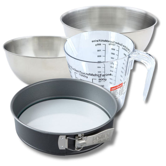 Set pâtisserie avec moule à manqué de 26 cm acier, 2 bols à mixer, verre mesureur et spatule Zenker