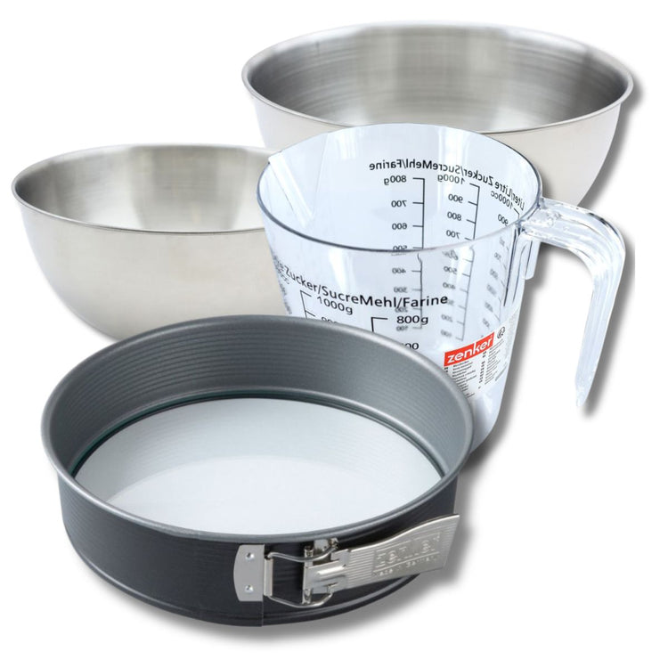 Set pâtisserie avec moule à manqué de 26 cm acier, 2 bols à mixer, verre mesureur et spatule Zenker
