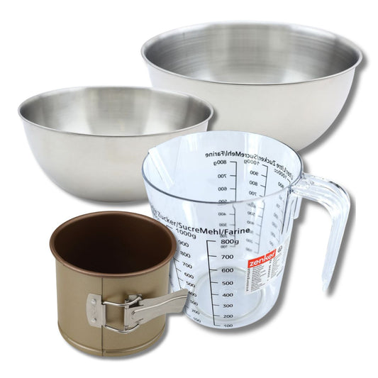 Set pâtisserie avec petit moule à panettone 12 x 10 cm en acier, 2 bols à mixer, verre mesureur et spatule Zenker