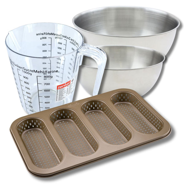 Set pâtisserie avec moule perforé 4 mini baguettes 33 x 22 cm en acier, 2 bols à mixer, verre mesureur et spatule Zenker