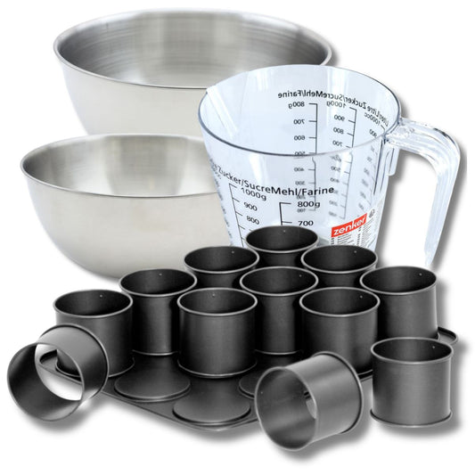 Set pâtisserie avec plaque à 12 mini moules ronds 38 x 30 cm en acier, 2 bols à mixer, verre mesureur et spatule Zenker