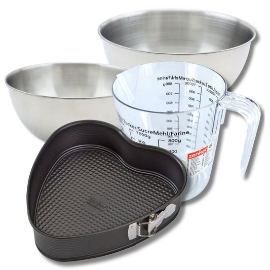 Set pâtisserie avec moule à gâteau cœur 27 x 25 cm en acier, 2 bols à mixer, verre mesureur et spatule Zenker