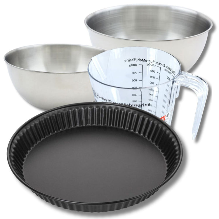 Set pâtisserie avec moule à quiche lorraine 30 cm antiadhésif, 2 bols à mixer, verre mesureur et spatule Zenker