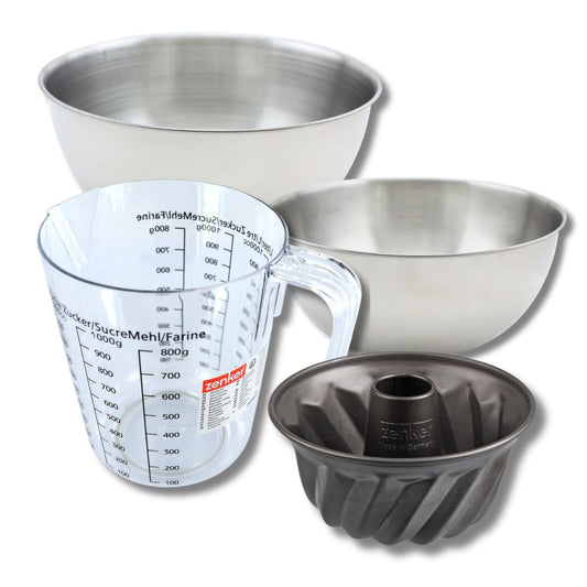 Set pâtisserie avec mini moule à kouglof 18 cm, 2 bols à mixer, verre mesureur et spatule Zenker