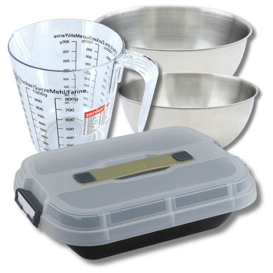 Set pâtisserie moule à gâteaux 34 x 24 cm avec couvercle, 2 bols à mixer, verre mesureur et spatule Zenker