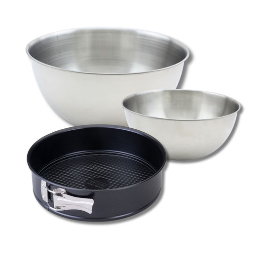 Lot avec 1 Moule à manqué à charnière 24 cm, 1 spatule Zenker et 2 bols à mixer en inox Fackelmann