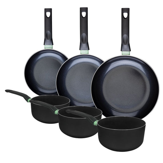Ensemble de 3 poêles de 20, 24 et 28 cm et 3 casseroles 16, 18 et 20 cm Fackelmann Brandao