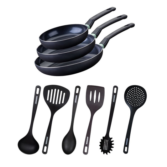 Ensemble de 3 poêles de 20, 24 et 28 cm et 6 ustensiles Fackelmann Brandao