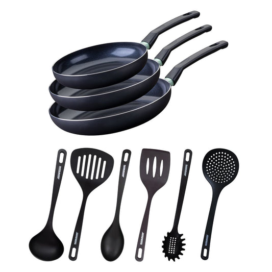 Ensemble de 3 poêles de 24, 28 et 30 cm et 6 ustensiles Fackelmann Brandao