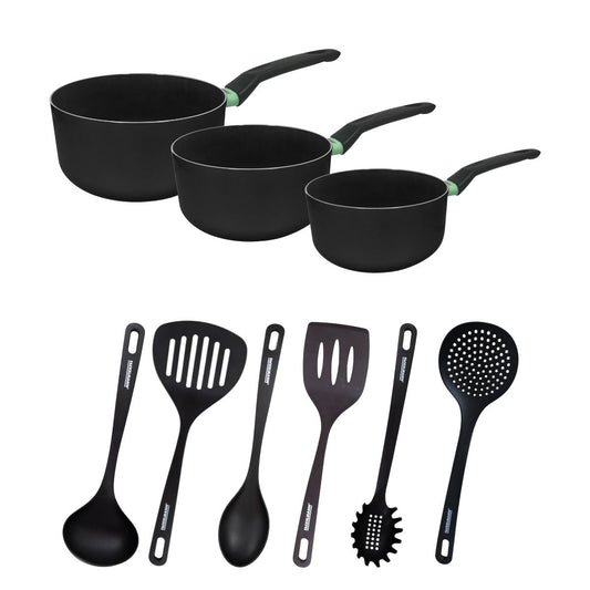 Set de 3 casseroles antiadhésives céramique 16, 18 et 20 cm et 6 ustensiles Fackelmann Brandao