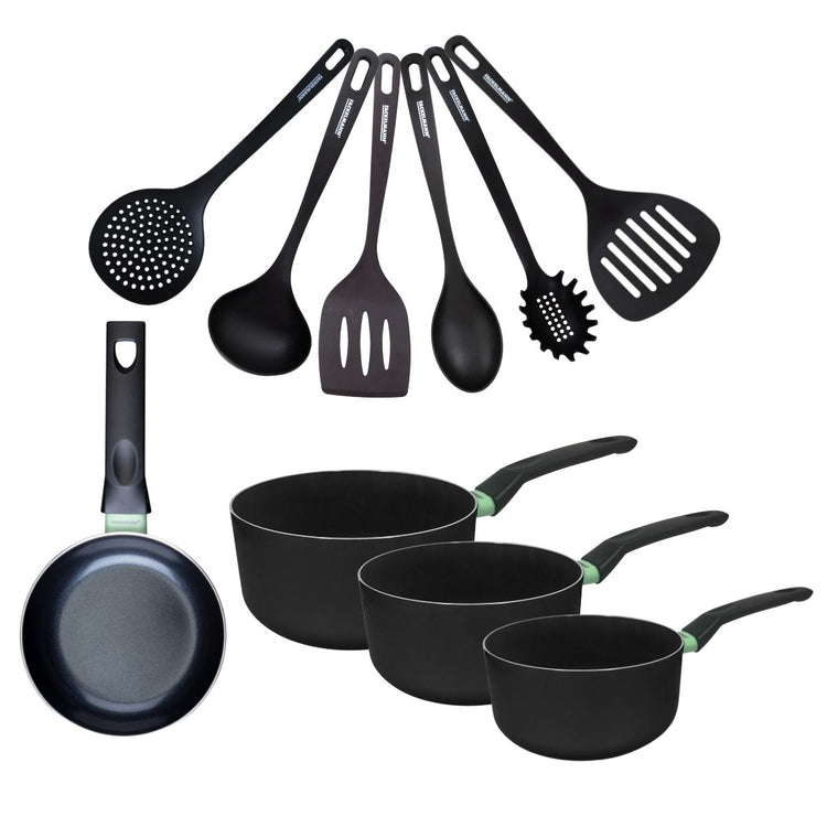Set de 1 poêle 16 cm, 3 casseroles antiadhésives céramique 16, 18 et 20 cm et 6 ustensiles Fackelmann Brandao