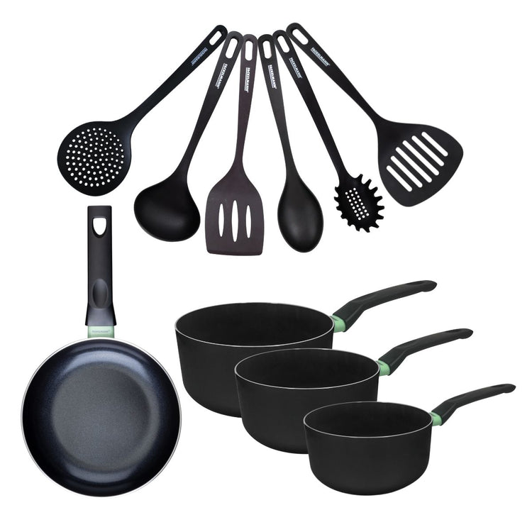 Set de 1 poêle 20 cm, 3 casseroles antiadhésives céramique 16, 18 et 20 cm et 6 ustensiles Fackelmann Brandao