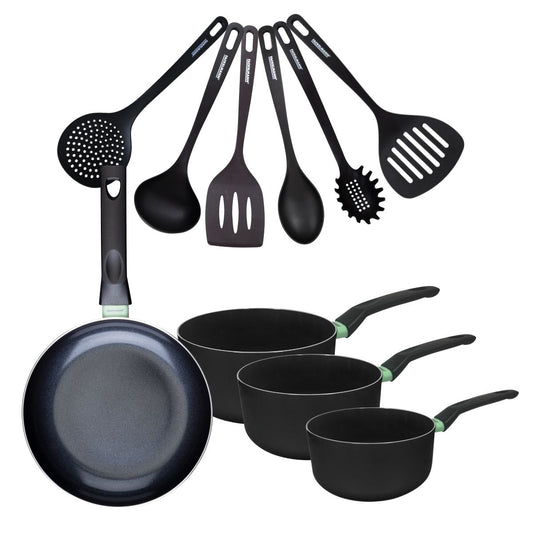 Set de 1 poêle 24 cm, 3 casseroles antiadhésives céramique 16, 18 et 20 cm et 6 ustensiles Fackelmann Brandao