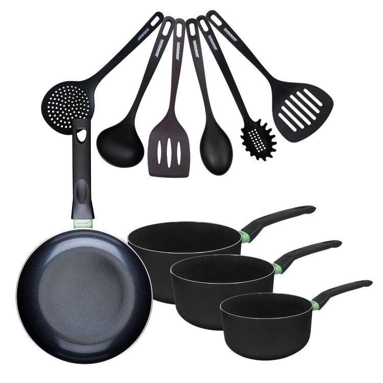 Set de 1 poêle 24 cm, 3 casseroles antiadhésives céramique 16, 18 et 20 cm et 6 ustensiles Fackelmann Brandao
