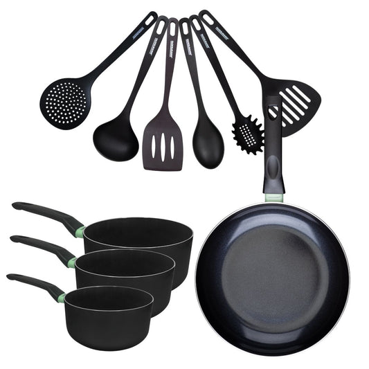 Set de 1 poêle 28 cm, 3 casseroles antiadhésives céramique 16, 18 et 20 cm et 6 ustensiles Fackelmann Brandao
