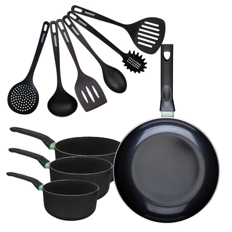 Set de 1 poêle 30 cm, 3 casseroles antiadhésives céramique 16, 18 et 20 cm et 6 ustensiles Fackelmann Brandao