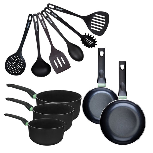 Set de 2 poêles 16 et 20 cm, 3 casseroles antiadhésives céramique 16, 18 et 20 cm et 6 ustensiles Fackelmann Brandao