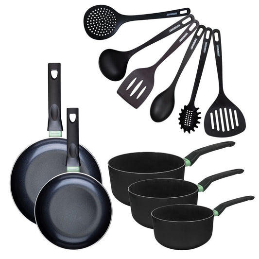 Set de 2 poêles 20 et 24 cm, 3 casseroles antiadhésives céramique 16, 18 et 20 cm et 6 ustensiles Fackelmann Brandao