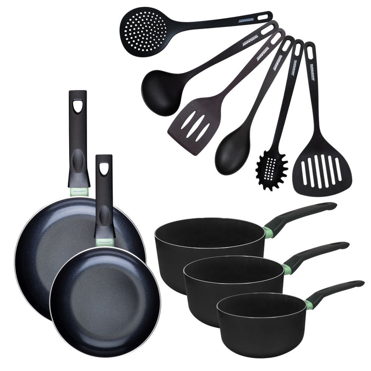 Set de 2 poêles 20 et 24 cm, 3 casseroles antiadhésives céramique 16, 18 et 20 cm et 6 ustensiles Fackelmann Brandao