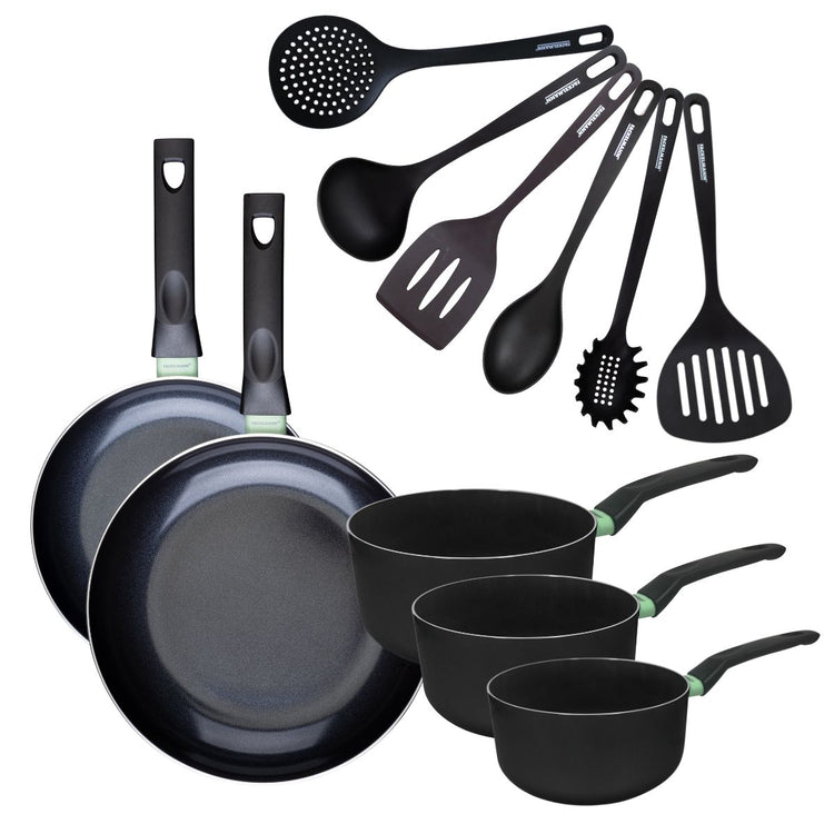 Set de 2 poêles 24 et 28 cm et 3 casseroles 16, 18 et 20 cm antiadhésives céramique et 6 ustensiles Fackelmann Brandao