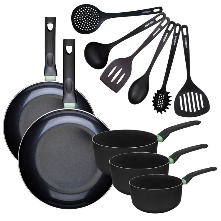 Set de 2 poêles 28 et 30 cm et 3 casseroles 16, 18 et 20 cm antiadhésives céramique et 6 ustensiles Fackelmann Brandao