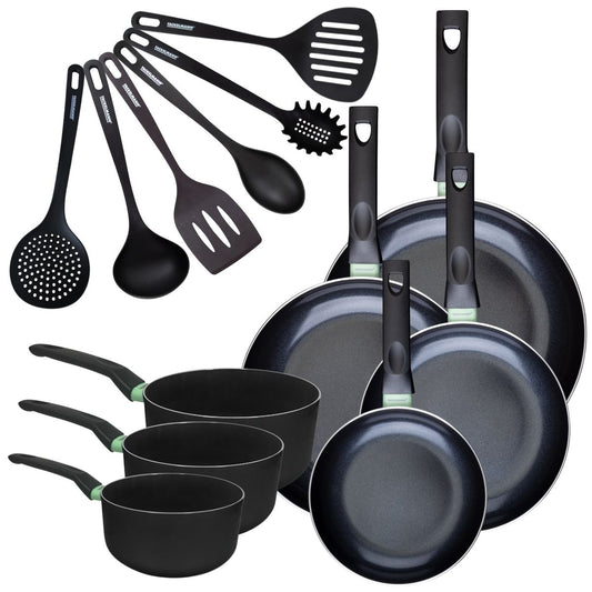 Set de 4 poêles 20 24 28 et 30 cm et 3 casseroles 16, 18 et 20 cm antiadhésives céramique et 6 ustensiles Fackelmann Brandao