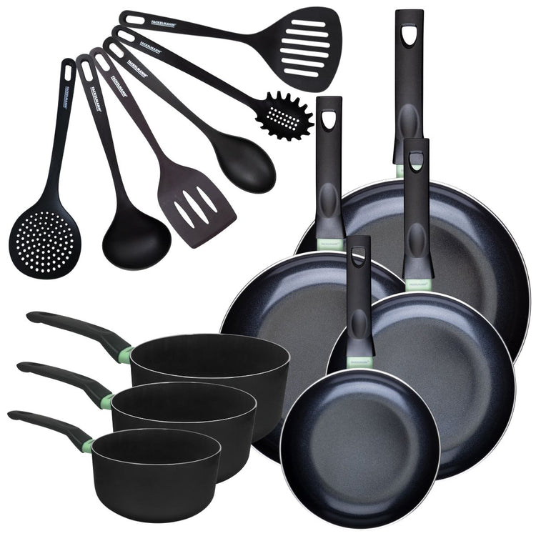 Set de 4 poêles 20 24 28 et 30 cm et 3 casseroles 16, 18 et 20 cm antiadhésives céramique et 6 ustensiles Fackelmann Brandao