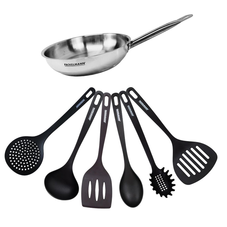 Set de 1 poêle 24 cm en inox et 6 ustensiles Fackelmann Eterna