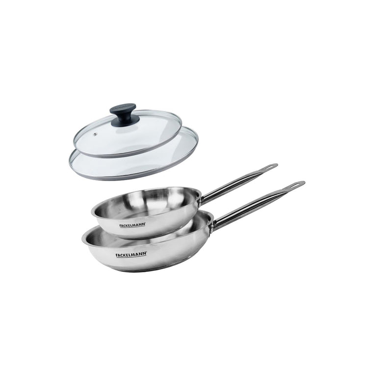 Set de 2 poêles 20 et 24 cm en inox et 2 couvercles en verre Fackelmann Eterna