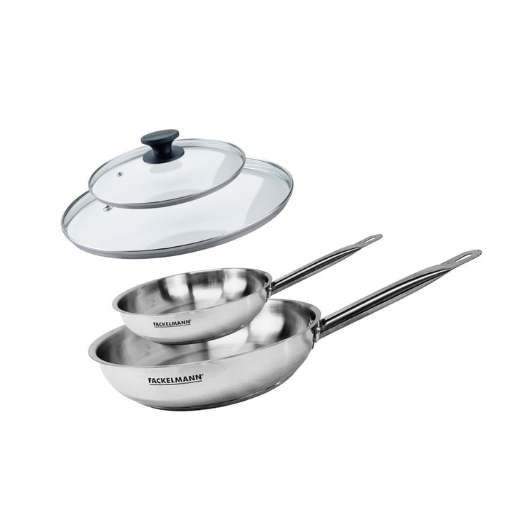 Set de 2 poêles 20 et 28 cm en inox et 2 couvercles en verre Fackelmann Eterna