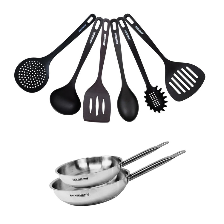 Set de 2 poêles 20 et 24 cm en inox et 6 ustensiles Fackelmann Eterna