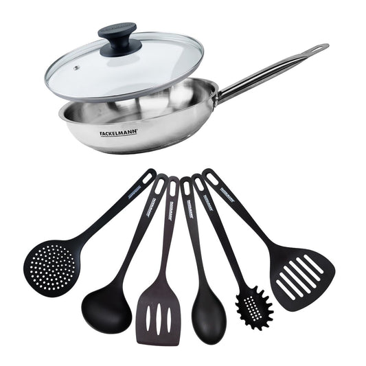 Set de 1 poêle de 28 cm en inox 1 couvercle en verre et 6 ustensiles Fackelmann Eterna