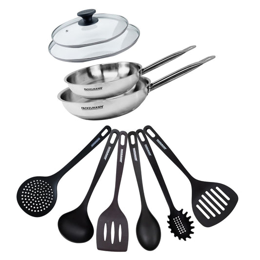 Set de 2 poêles de 20 et 24 cm en inox, 2 couvercles en verre et 6 ustensiles Fackelmann Eterna