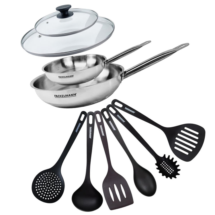 Set de 2 poêles de 20 et 28 cm en inox, 2 couvercles en verre et 6 ustensiles Fackelmann Eterna