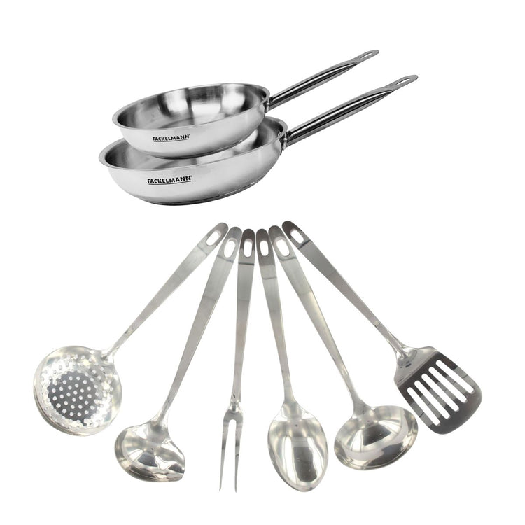 Set de 2 poêles de 20 et 24 cm en inox et 6 ustensiles inox Fackelmann Eterna