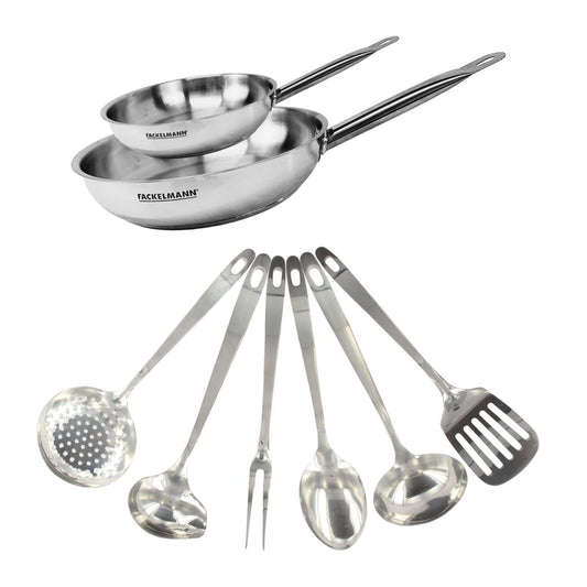 Set de 2 poêles de 20 et 28 cm en inox et 6 ustensiles inox Fackelmann Eterna