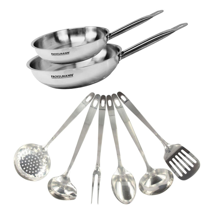 Set de 2 poêles de 24 et 28 cm en inox et 6 ustensiles inox Fackelmann Eterna