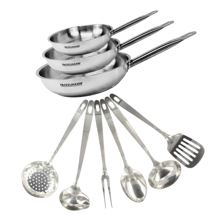 Set de 3 poêles de 20, 24 et 28 cm en inox et 6 ustensiles inox Fackelmann Eterna