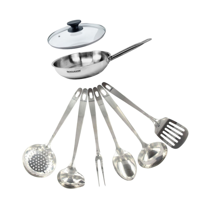 Set poêle 20 cm en inox, couvercle verre et 6 ustensiles inox Fackelmann Eterna