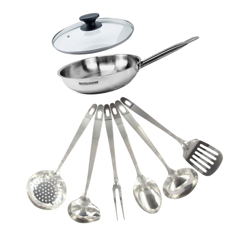 Set poêle 24 cm en inox, couvercle verre et 6 ustensiles inox Fackelmann Eterna