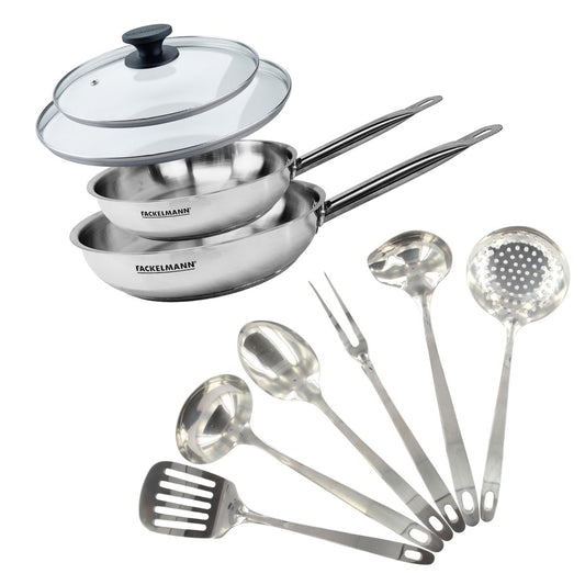 Set de 2 poêles 24 et 28 cm en inox, 2 couvercles verre et 6 ustensiles inox Fackelmann Eterna