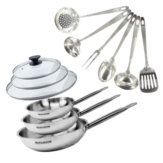 Set de 3 poêles 20, 24 et 28 cm en inox, 3 couvercles verre et 6 ustensiles inox Fackelmann Eterna