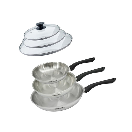 Set 3 poêles 20 24 et 28 cm en inox et 3 couvercles verre Fackelmann Geneva