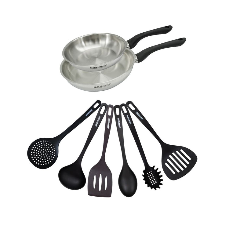 Set 2 poêles 20 et 24 cm en inox et 6 ustensiles Fackelmann Geneva