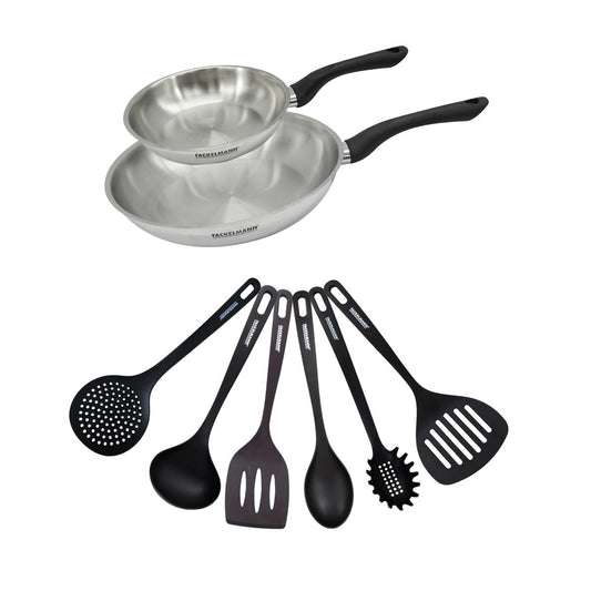 Set 2 poêles 20 et 28 cm en inox et 6 ustensiles Fackelmann Geneva
