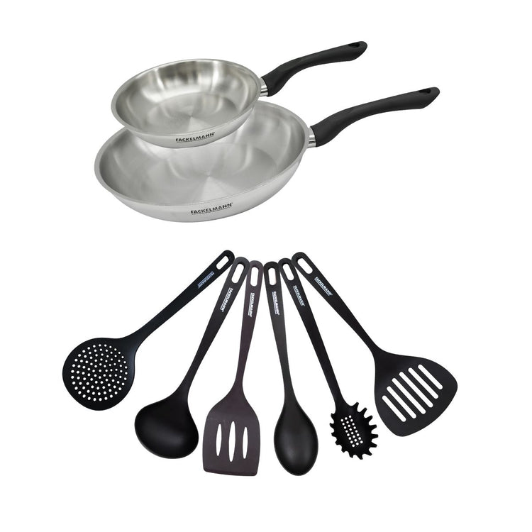 Set 2 poêles 20 et 28 cm en inox et 6 ustensiles Fackelmann Geneva