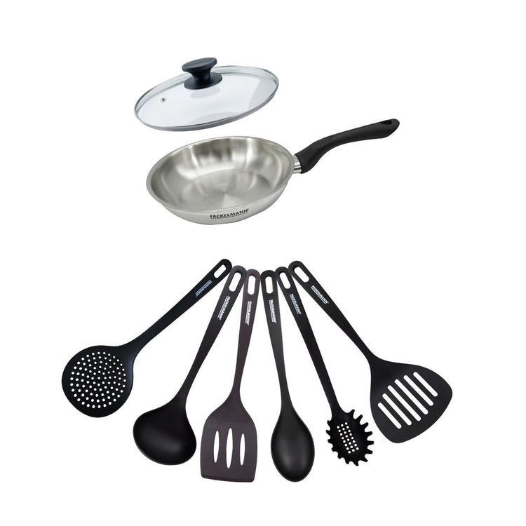 Set poêle 20 cm en inox, couvercle verre et 6 ustensiles Fackelmann Geneva