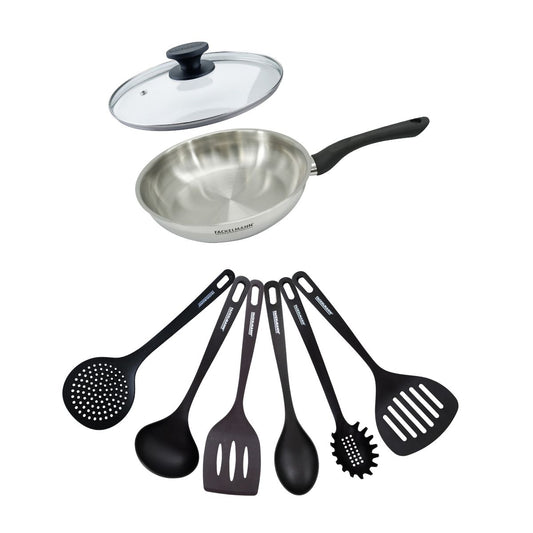 Set poêle 24 cm en inox, couvercle verre et 6 ustensiles Fackelmann Geneva
