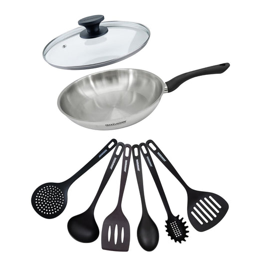 Set poêle 28 cm en inox, couvercle verre et 6 ustensiles Fackelmann Geneva